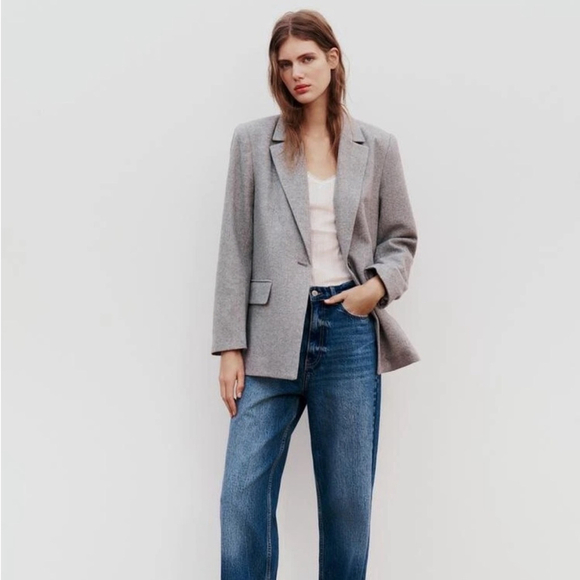 NWOT Zara HERRINGBONE WOOL BLEND STRAIGHT BLAZER Size S - Picture 1 of 16